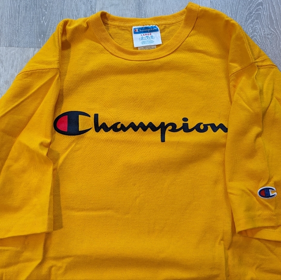 Champion Embroidered Script Logo T-Shirt, Gold Yellow - Men's Size Large - Picture 3 of 3